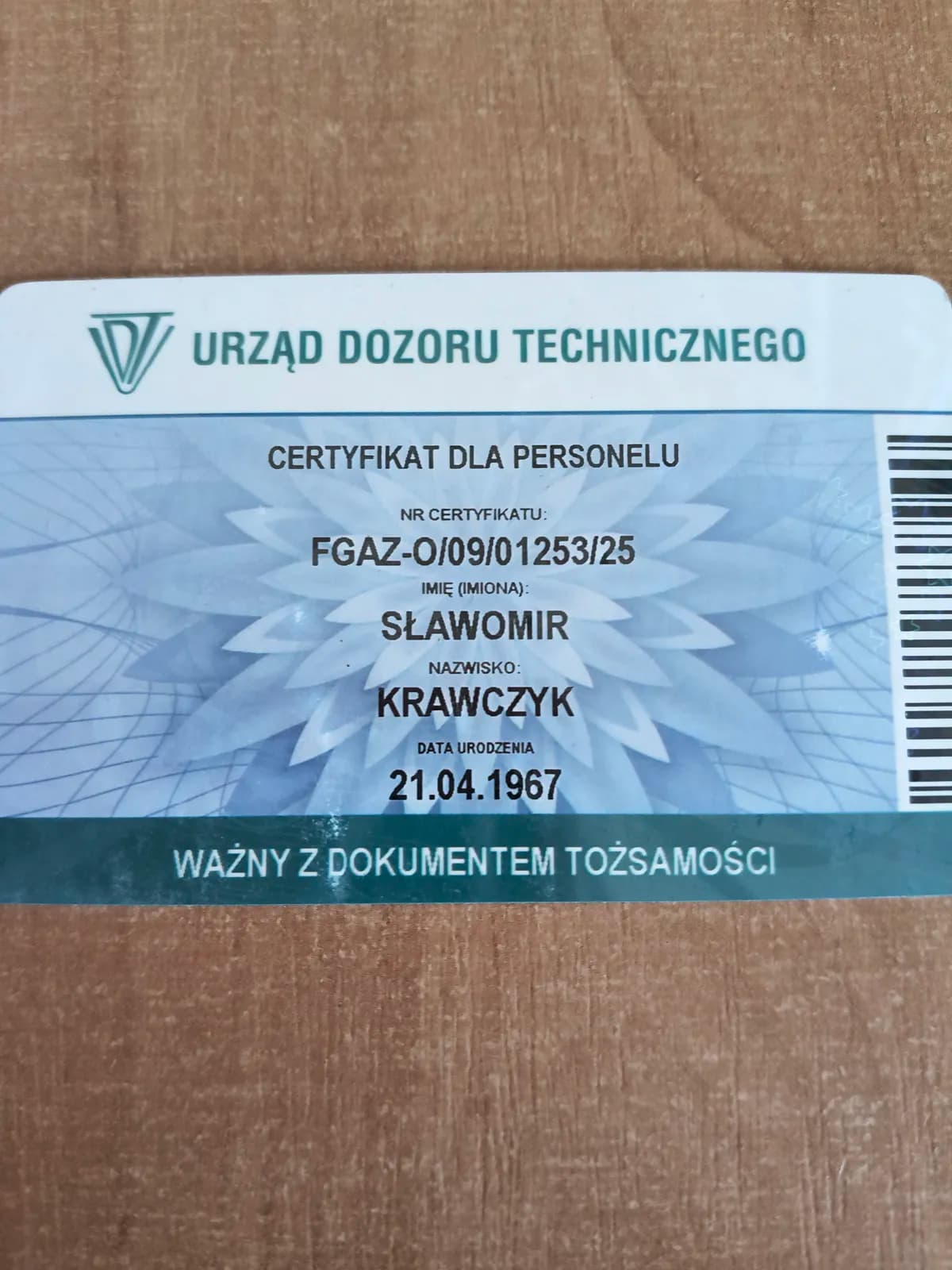 Certyfikat F-gazowy UDT dla Sławomira Krawczyka uprawniający do montażu pomp ciepła - Montave
