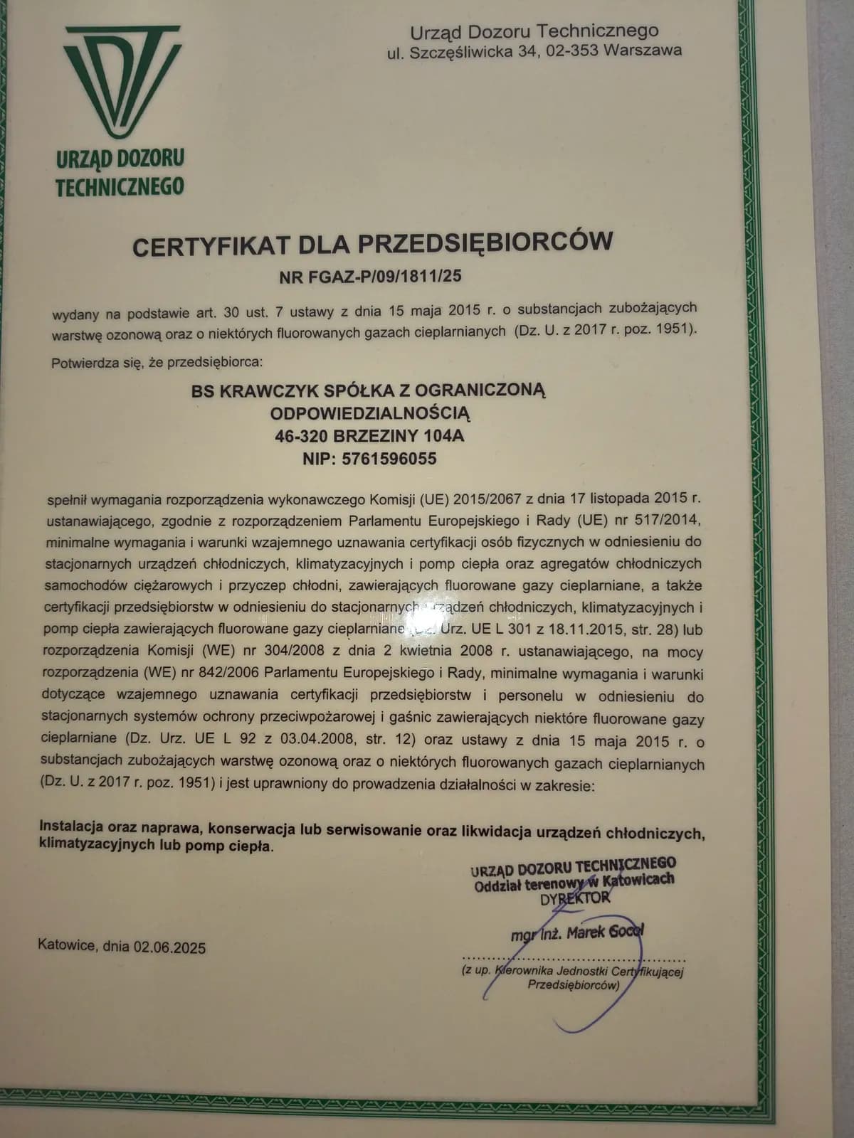 Certyfikat UDT dla firmy BS KRAWCZYK Sp. z o.o. potwierdzający uprawnienia do prac przy urządzeniach zawierających F-gazy - Montave
