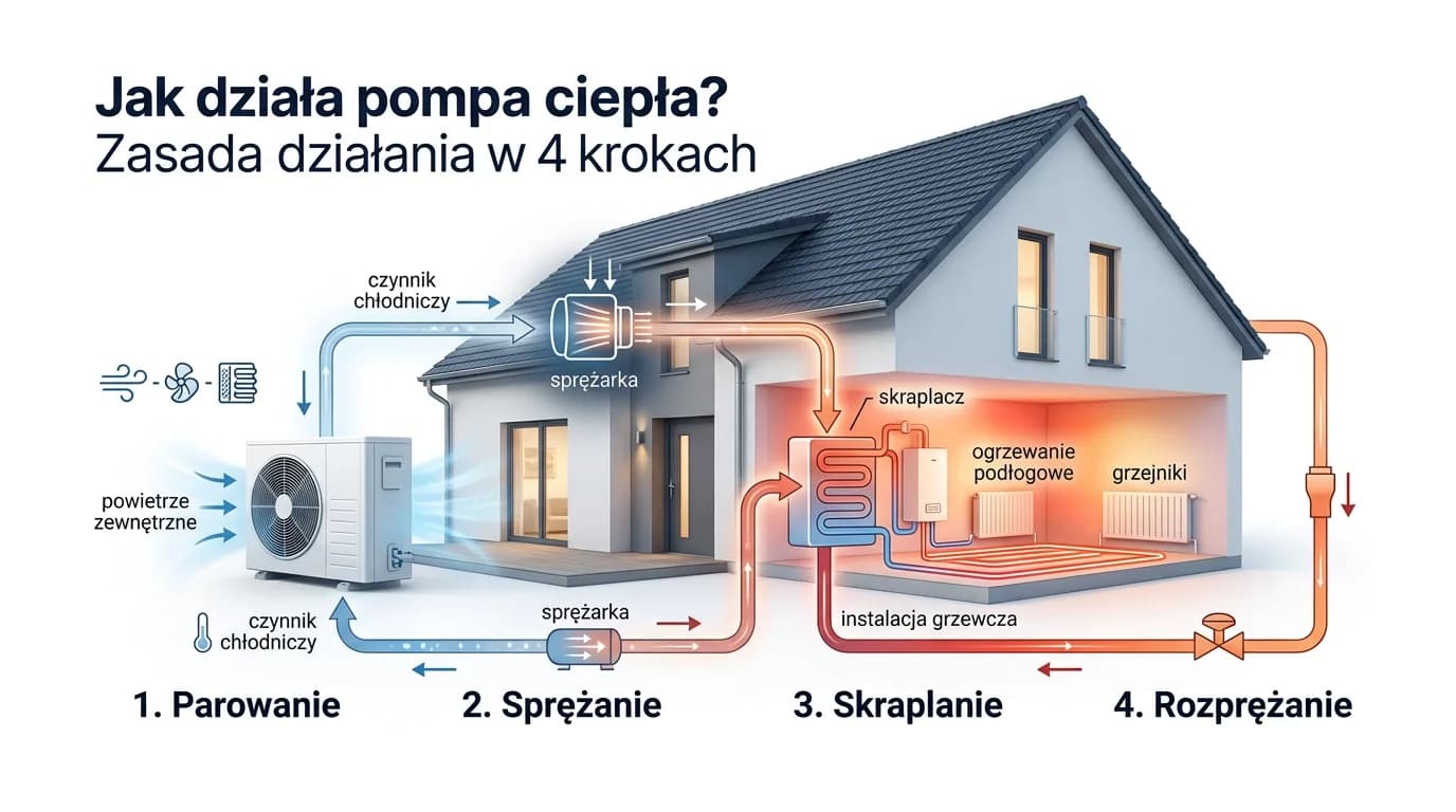 Infografika pokazująca, jak działa pompa ciepła krok po kroku