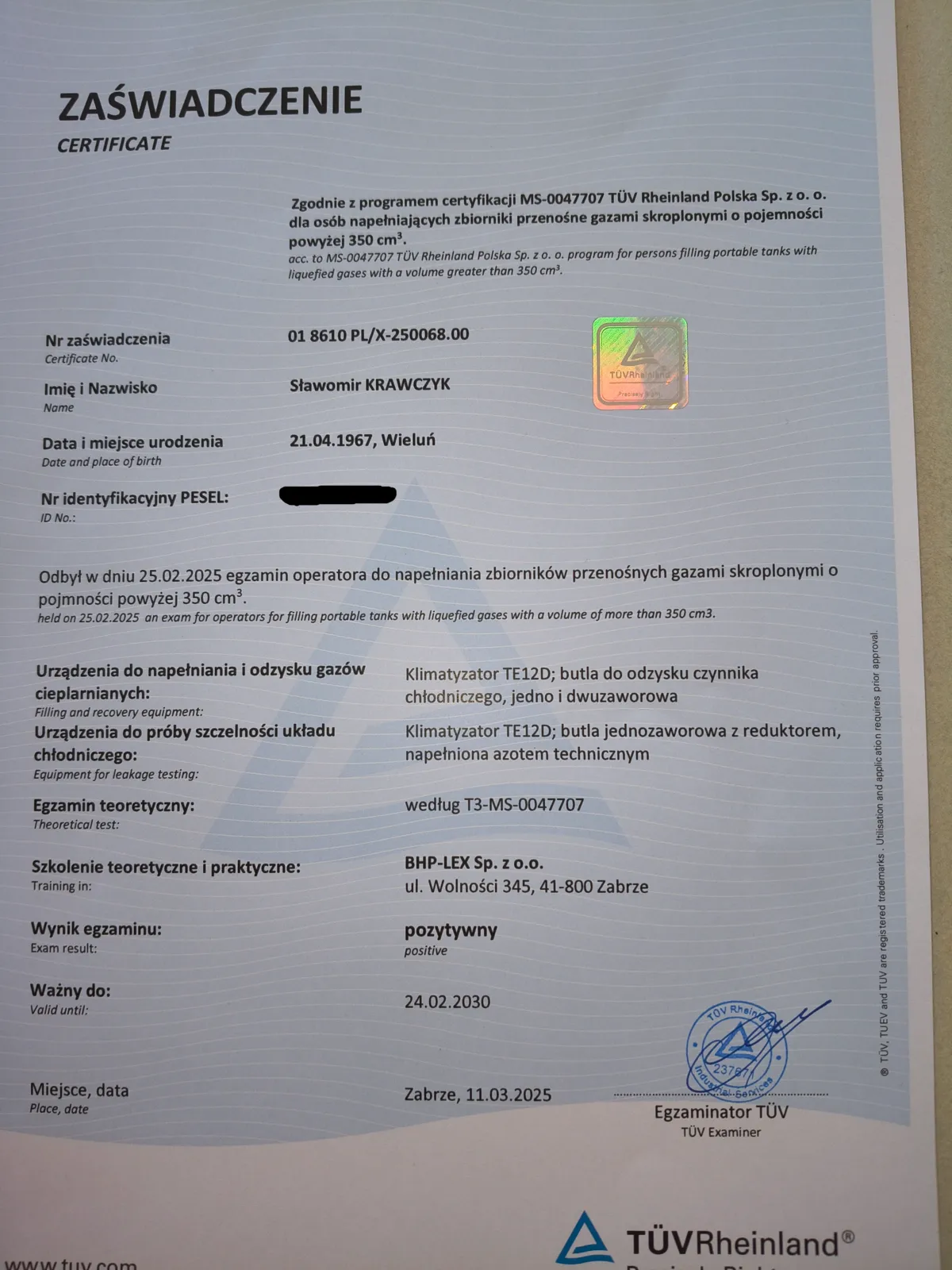 Certyfikat ukończenia szkolenia z zakresu instalacji pomp ciepła i klimatyzacji - Montave