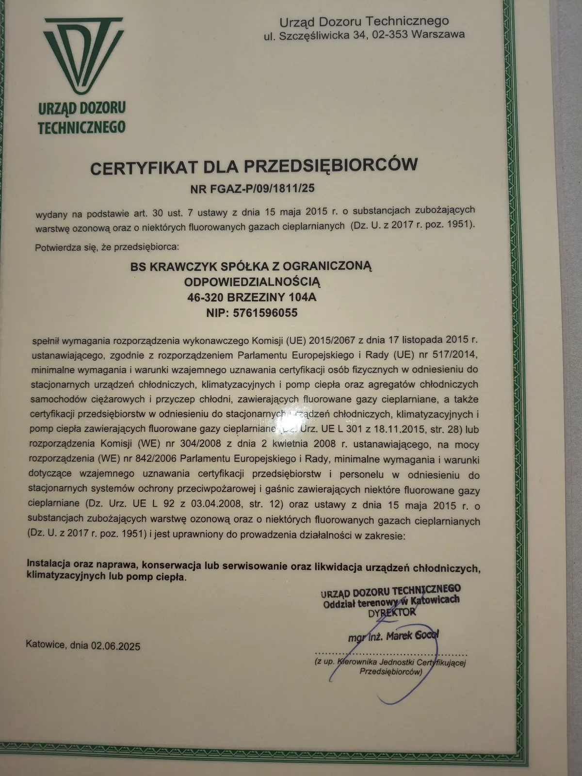 Certyfikat UDT dla firmy BS KRAWCZYK Sp. z o.o. potwierdzający uprawnienia do prac przy urządzeniach zawierających F-gazy - Montave
